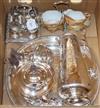 A group of plated items, including an egg waiter, a three-piece teaset, a tray etc.                                                    