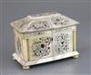 A Regency engraved and inlaid mother of pearl sarcophagus tea caddy, 6.5in.                                                            