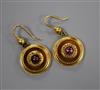 A pair of Victorian yellow metal and cabochon amethyst target earrings.                                                                