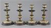 Frank A Butler for Doulton Lambeth, a set of four brass mounted candlesticks, c.1890, 20cm, one restored                               