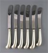 A modern set of twelve silver pistol handled table knives and a similar set of dessert knives, by Cooper Brothers & Sons,              