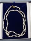 A Mikimoto single strand cultured pearl necklace with 18ct gold clasp, with Mikimoto box, 36in.                                        