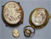 A 9ct mounted cameo brooch, a 9ct cameo ring, an unframed cameo and one other cameo brooch.                                            