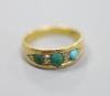 An early 20th century 18ct, three stone turquoise and six stone diamond chip set ring, size M/N, gross 4 grams.                                                                                                             