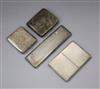 Three assorted silver cigarette cases and a white metal filligree case, longest 16.9 cm.                                               