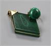 An Austrian 585 yellow metal and malachite ring and a yellow metal and malachite pendant.                                              