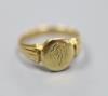 A late Victorian 18ct gold signet ring with engraved crest? (tired), size L/M                                                                                                                                               