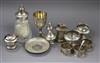 Small silver items including four condiments, dish, goblet, sifter and three napkin rings and a plated Ronson lighter.                 
