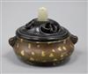 A 17th/18th century Chinese gold splashed bronze censer, Xuande mark, 19th century wood cover, jade finial H.8cm                       