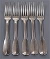 Five 19th century French white metal tableforks, 13 oz.                                                                                