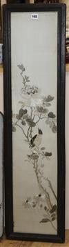 A pair of Chinese embroidered silk pictures of birds, late 19th century 105 x 22cm                                                     