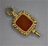 A 19th century gold plated and chalcedony watch key, 53mm.                                                                             