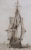 Richard Henry Nibbs (1816-1893), pen and ink drawing, Sailing ship at sea, 10 x 7cm                                                                                                                                         