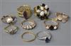 Nine assorted gold and gem set rings including three 18ct, three 14ct and three yellow metal.                                          