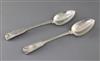 A pair of mid 19th century Chinese silver double struck fiddle, thread and shell pattern basting spoons by Cutshing, Canton, 12 oz.    