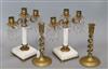 A pair of three branch brass and marble lustre drop candlesticks and a pair of brass twist stem candlesticks                           