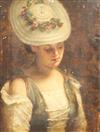 19th century English School Portrait of a pensive young woman with rose decorated bonnet 14 x 10.5in.                                  