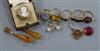 Six assorted gem set rings including five 9ct gold and other items including unmounted white opal and two pairs of 9ct ear studs.      