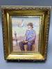 A framed porcelain plaque painted by Francis Clark, depicting a fisherman smoking his pipe 17.5x13cm excl frame                                                                                                             