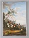 A KPM Berlin porcelain plaque painted with a scene of a cavalry encampment, after Philips Wouwerman, 20cm x 14cm                       