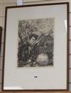 Albert Moreau, lithograph, Youth and globe, a ship beyond, inscribed in pencil, 37 x 28cm                                              