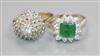 An 18ct white gold, emerald and diamond cluster ring and a 9ct gold and diamond cluster ring.                                          