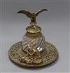 A glass and brass inkstand with eagle finial together with a paperweight                                                               