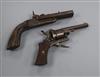 A French double barrel percussion cap pistol and a 19th century pin fire revolver                                                      