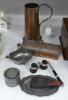 Miscellaneous items, including a pewter inkwell, three pairs of cut steel scissors, leather-cased, a pair of opera glasses, a copper jug, etc.                                                                              