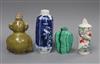 A Chinese malachite snuff bottle and three porcelain snuff bottles, 19th / 20th century (4) Tallest 9cm                                