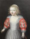 English School c.1627 Three quarter length portrait of girl, in a white dress with red doublet, holding an olive branch 24.5 x 18.5in. 