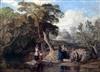 19th century English School Landscape with women beside a spring 13.5 x 18.5in.                                                        