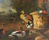 Wilhem Frederik van Royen (1645-1723) Ducks and chicks beside an urn, landscape beyond 38 x 46in., tortoiseshell framed                