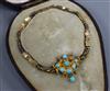 A cased Victorian yellow metal and turquoise pendant, (now converted to a bracelet) and one similar earring.                           