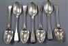 Six assorted George III silver fiddle pattern tablespoons and one George III silver Old English pattern tablespoon, 15.5 oz.           