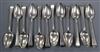 Twelve assorted early 19th century and later silver Old English thread pattern dessert spoons, 15 oz.                                  