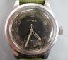 A gentleman's 1940's stainless steel Cyma British MOD military manual wind black dial wrist watch, case diameter 38mm, movement c.234, on fabric strap.                                                                     