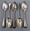 A set of four George III silver Old English pattern table spoons, London, 1792 and a later Victorian silver spoon, 11.5 oz.            