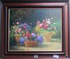 Oil on board, garden scene with flower troughs, 39.5 x 49cm, together with an oil on board, still life of fruit, 30 x 41cm             