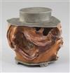 A Chinese rootwood and pewter mounted tea canister, 19th century, height 9.5cm                                                         