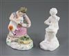 Two Rockingham porcelain figures of a girl seated with a lamb and a boy seated on a basket, c.1830, h.10.5cm, losses                   