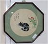 20th century Chinese, circular fan leaf watercolour on paper of a cat, image 27.5cm diameter                                           