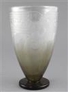 An Art Deco Schneider clear and frosted smoky etched glass vase, 1920's, height 27.5cm                                                 