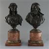 A pair of 19th century French bronze busts of a bearded man and woman wearing a laurel wreath, height 19in.                            