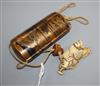 A 19th century Japanese gold lacquer five case inro, signed, together with an 18th/19th century ivory netsuke and a ojime              