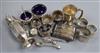 An Edwardian silver sugar caster, silver trinket box, silver salts, napkin rings, cigarette case and a 9ct gold cufflink               