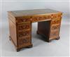 A late Victorian mahogany and marquetry pedestal writing desk, W.4ft                                                                   