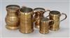 Five 19th century bell metal mugs height 17cm                                                                                          