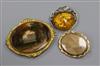 A painted oval panel in gilt metal mount, a yellow metal mourning brooch(a.f.) and an amber set brooch.                                