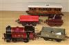 Hornby 0 gauge clockwork tank loco 2270, 2 similar wagons and a Bing 'Shortie' LNER carriage                                           